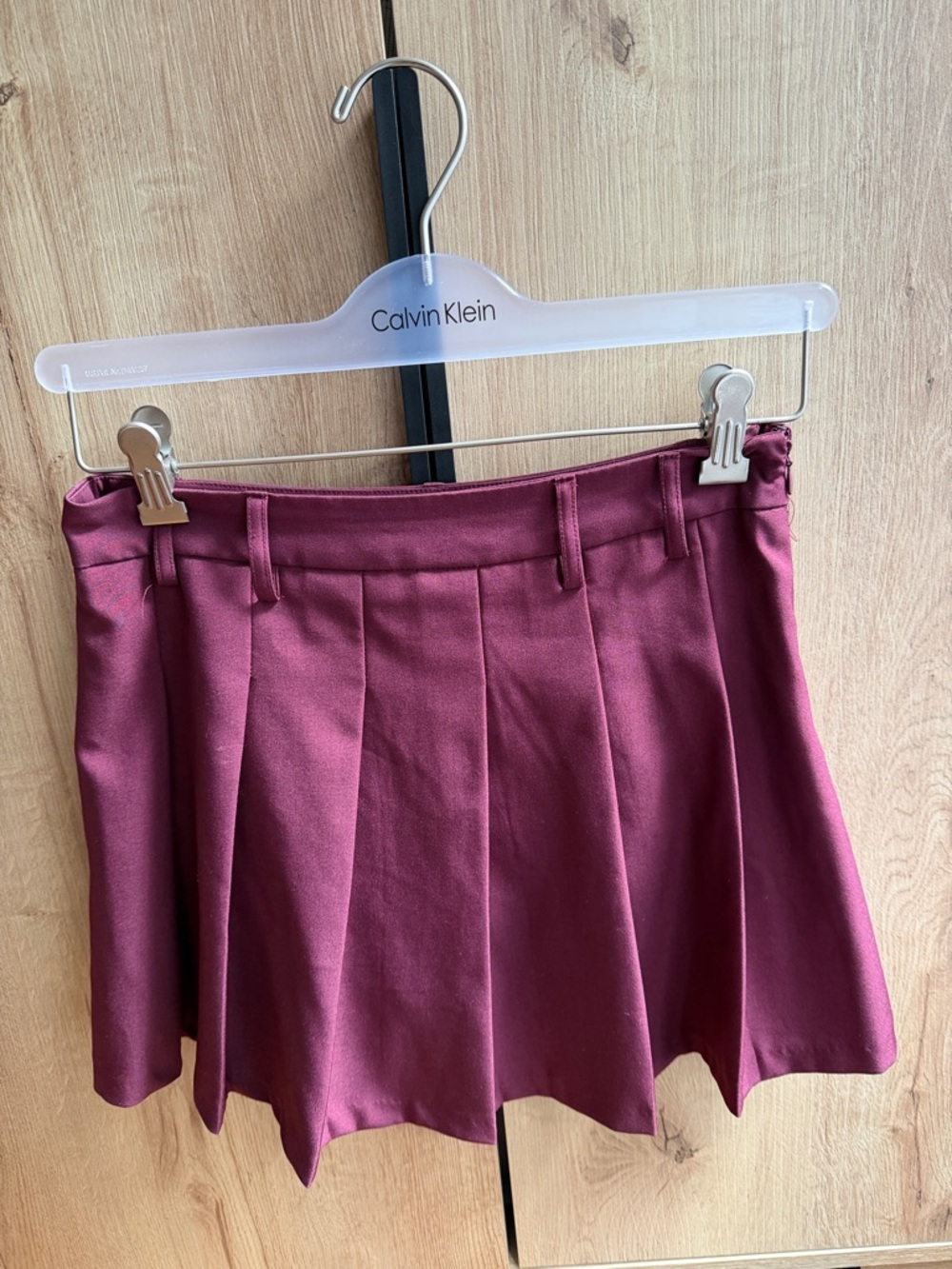 Calvin Klein Burgundy Pleated Skater Mini Skirt